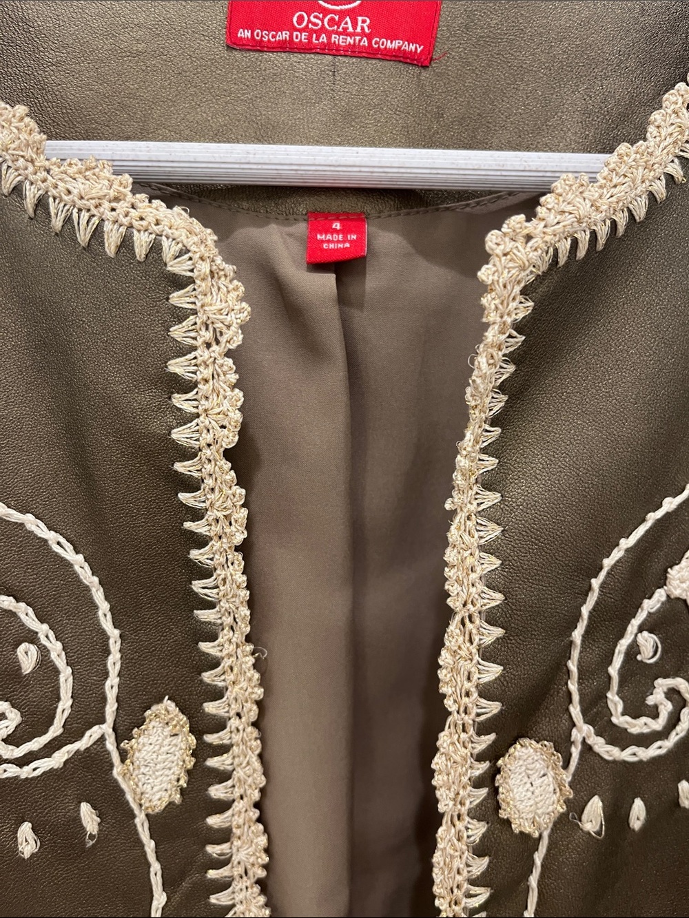Oscar de la Renta Leather Jacket with Cream Embroidery-Olive Green-Gold Accents - Picture 4 of 8